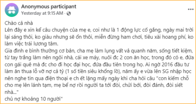 Cô gái kể về hoàn cảnh của gia đình và bước ngoặt khiến cuộc sống của bố mẹ và 2 chị em cô thay đổi hoàn toàn