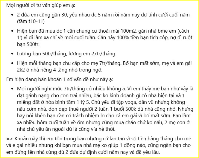 Cô gái cho rằng việc mẹ chồng tương lai nhận 7 triệu của con trai họ hàng tháng là “đặt gánh nặng cho con”