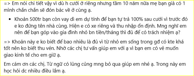 “Khoản 500 triệu em tính để bạn tự trả 100% sau khi cưới, vì trước đó em không đứng tên nhà cùng” - Cô chia sẻ