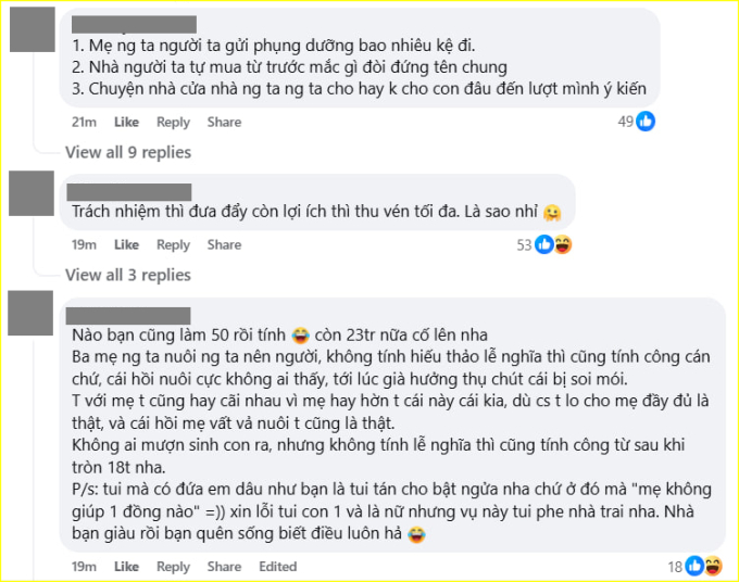 “Ba mẹ người ta nuôi người ta nên người, không tính hiếu thảo lễ nghĩa thì cũng tính công cán chứ, cái hồi nuôi cực không ai thấy, tới lúc già hưởng thụ chút lại bị soi mói”