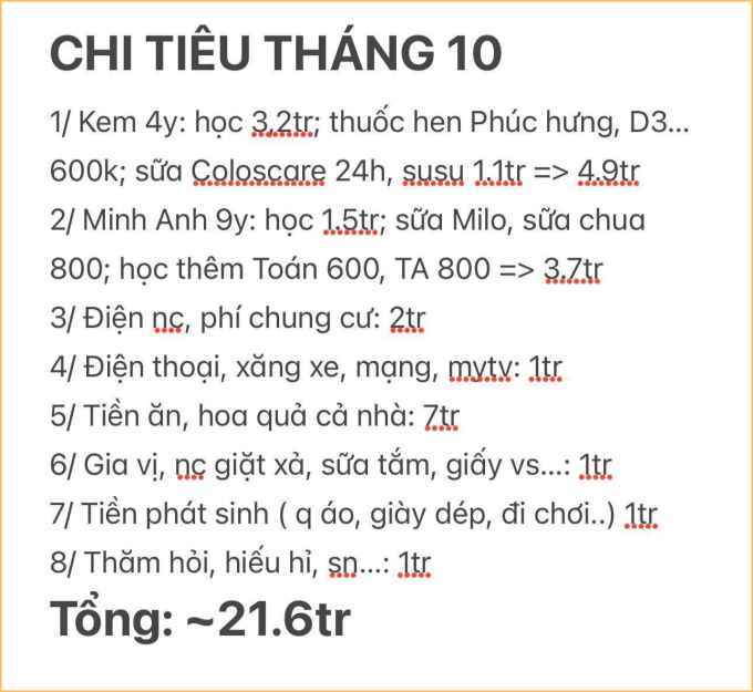 Chi tiêu của gia đình chị trong 1 tháng