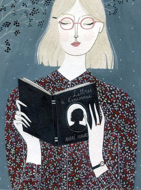  Bức ảnh vẽ người phụ nữ đọc cuốn sách Lettres à l’Inconnue - Thư gửi người đàn bà không quen biết, bản gốc tiếng Pháp. (Tranh màu nước của Yelena Bryksenkova)