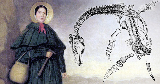 Tranh vẽ bà Mary Anning và bộ xương hoàn chỉnh của thằn lằn đầu rắn do bà phát hiện. Ảnh: Katherine.