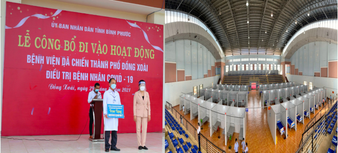 Chủ tịch Hội Nữ doanh nhân tỉnh Giang Thị Lan Thu (bìa phải của ảnh bên trái) trao 1.000 bộ đồ bảo hộ y tế và 30.000 khẩu trang cho Bệnh viện dã chiến TP Đồng Xoài. Ảnh: Ngọc Quế
