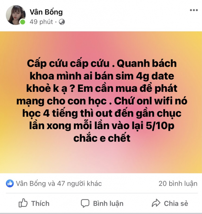 Chị Vân lên mạng xã hội tìm mua sim 4G để cải thiện đường truyền internet mong giải quyết tình trạng nghẽn mạng