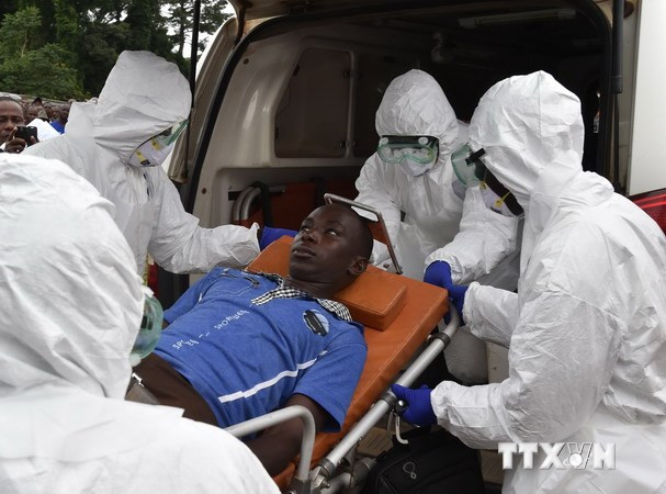 Nhân viên y tế chuyển một bệnh nhân nhiễm Ebola tới bệnh viện ở Biankouma, Costa Rica 