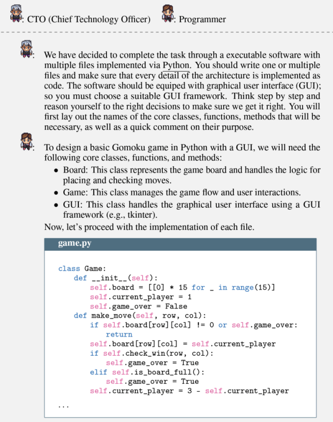         CTO (là AI) đang truyền đạt cho lập trình viên (cũng là AI) về việc sử dụng ngôn ngữ Python để code một tựa game Gomoku đơn giản và có giao diện người dùng. Sau khi nhận được yêu cầu, lập trình viên đã liệt kê những đầu việc cần làm.        