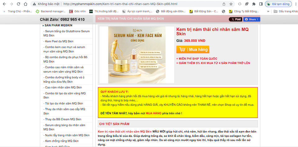 Cẩn trọng với website giả danh MQ Skin quảng cáo mỹ phẩm như 