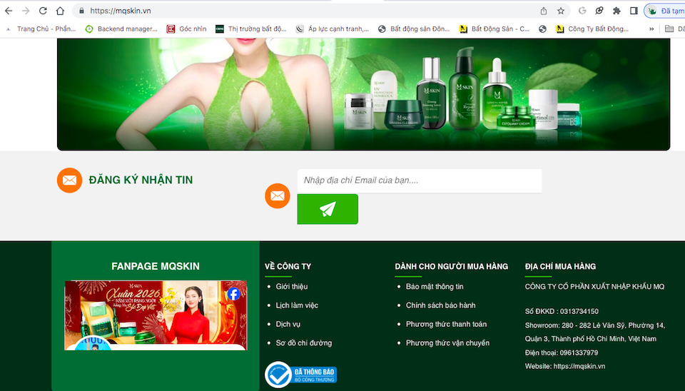 Website chính thức của MQ Skin đã đăng ký với Bộ Công thương là https://mqskin.vn/, người tiêu dùng cần cảnh giác để không nhầm lẫn với các trang web mạo danh