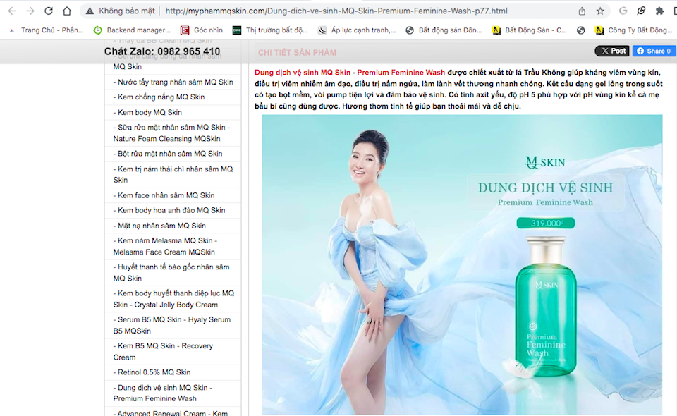 Dung dịch vệ sinh MQ Skin được quảng cáo bằng các từ ngữ 