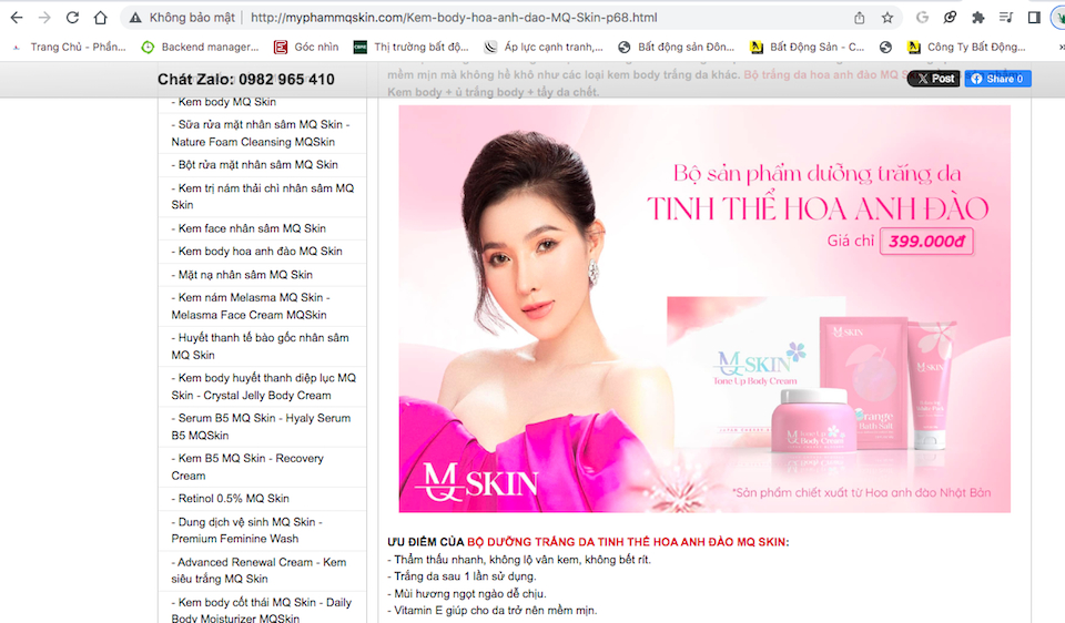 Bộ dưỡng trắng da tinh thể hoa anh đào MQ Skin được quảng cáo với giá bán 399.000 đồng, cùng công dụng 