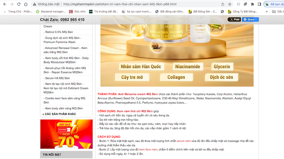 Giao diện website https://myphammqskin.com/ sử dụng các thuật ngữ như 