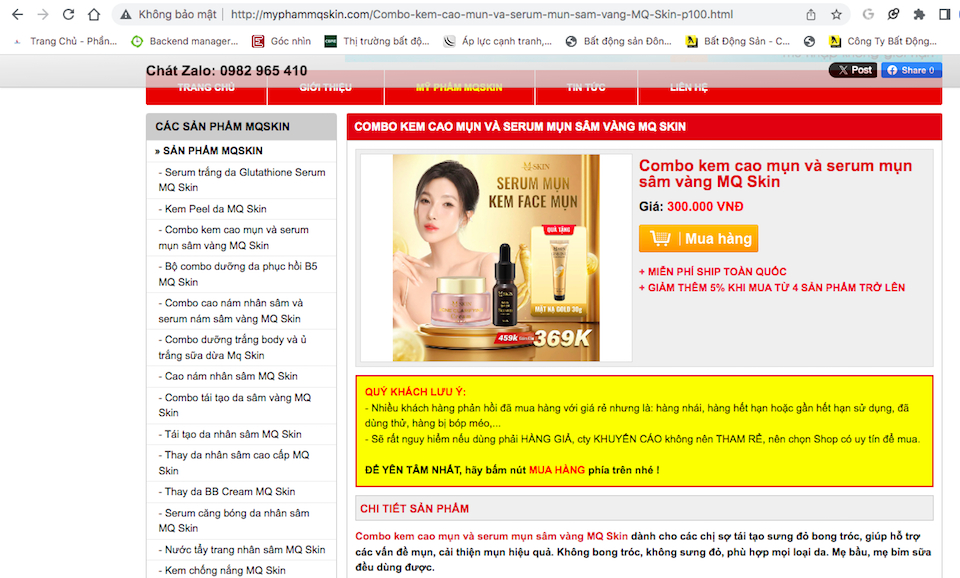 Cẩn trọng với website giả danh MQ Skin quảng cáo mỹ phẩm như 