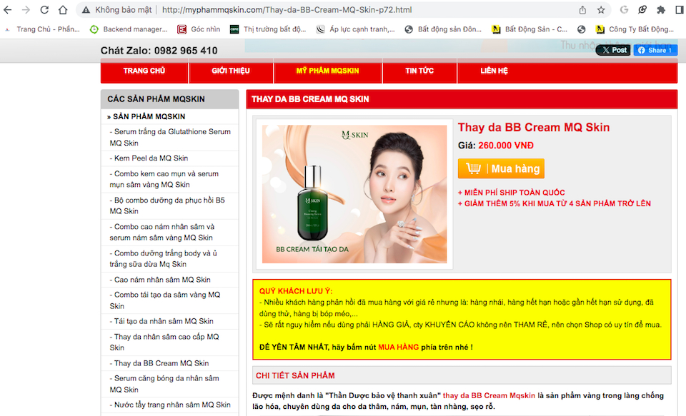 Cẩn trọng với website giả danh MQ Skin quảng cáo mỹ phẩm như 