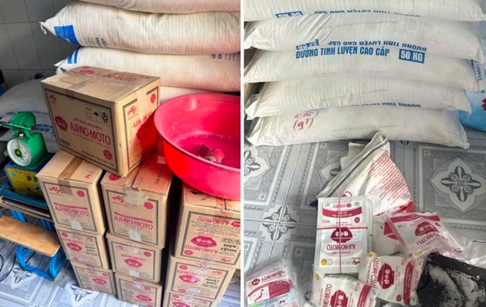 Nhiều thùng carton mang nhãn hiệu Ajinomoto chứa hàng giả bị tổ công tác phát hiện và thu giữ. Ảnh: Công an TP.HCM
