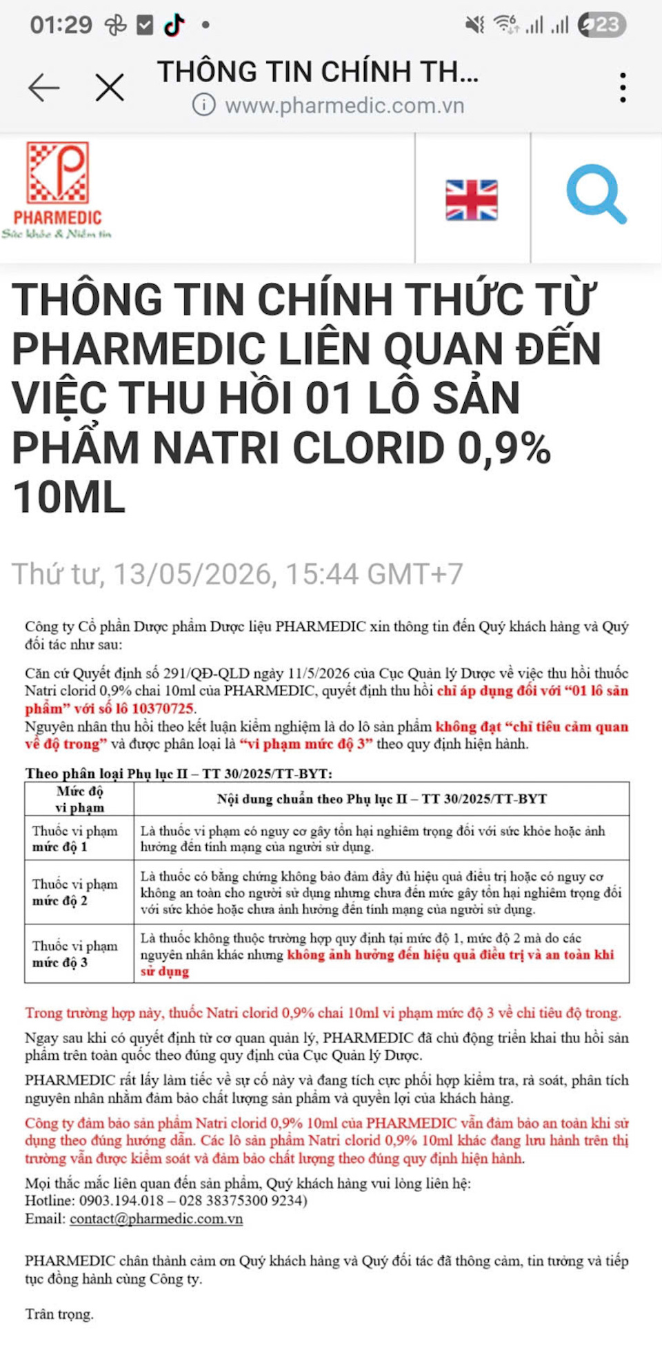 Văn bản của Pharmedic xác nhận việc thu hồi toàn quốc đối với duy nhất lô thuốc nhỏ mắt Natri clorid 0,9% số 10370725 do không đạt chỉ tiêu cảm quan về độ trong