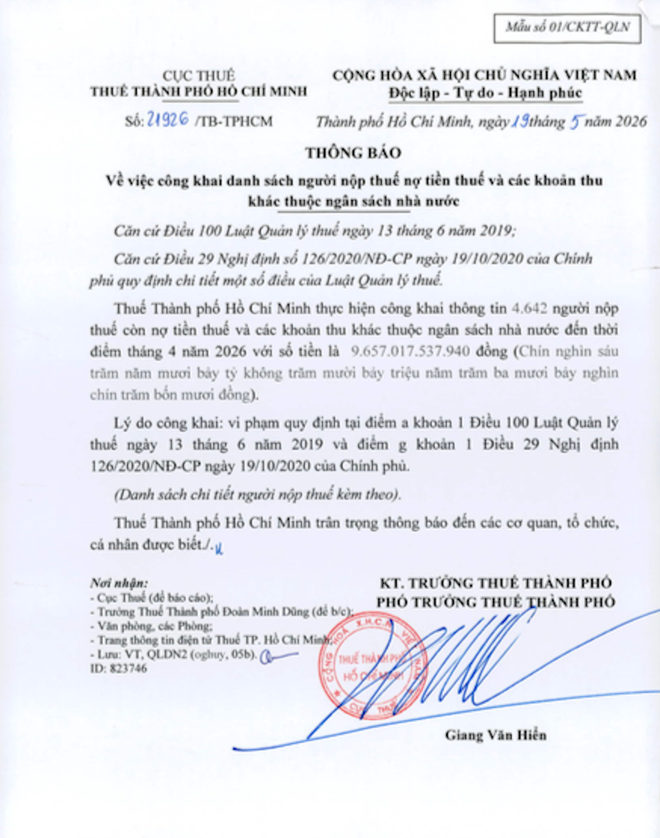 Thông báo số 21926/TB-TPHCM của Cục Thuế TP.HCM ban hành ngày 19/5/2026 về việc công khai danh sách 4.642 người nộp thuế nợ ngân sách với tổng số tiền hơn 9.657 tỷ đồng.