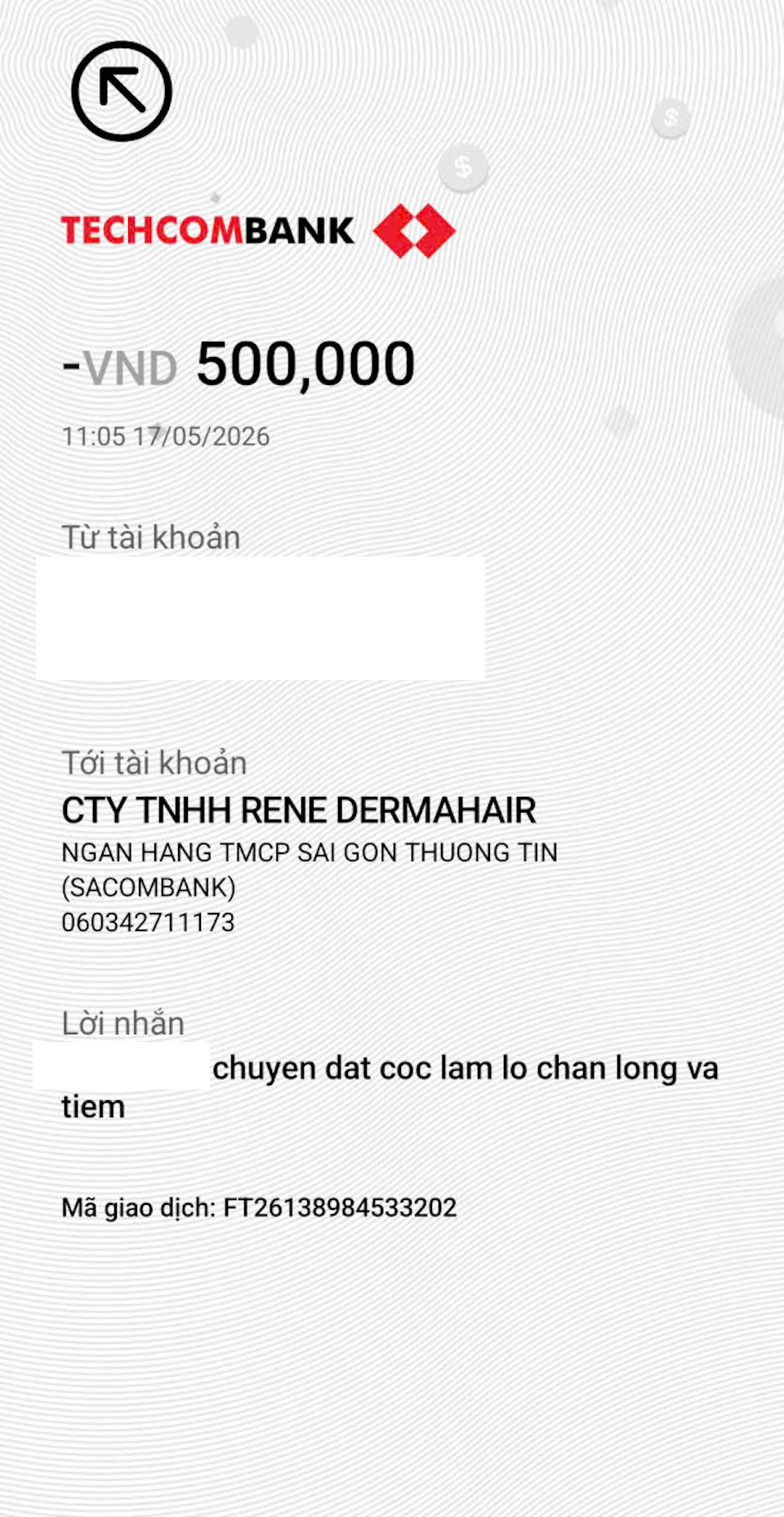 Khách hàng được hướng dẫn chuyển khoản trực tiếp vào tài khoản Công ty TNHH Rene Dermahair tại ngân hàng Sacombank. Ảnh: Tiểu Thúy
