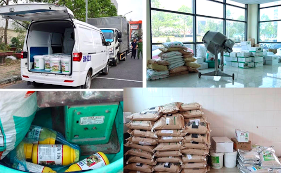 Lực lượng chức năng kiểm tra chiếc xe bán tải biển kiểm soát 63C-160.56 trên Quốc lộ 1A, nơi phát hiện những bao phân bón giả đầu tiên của đường dây này. Ảnh: Công an TP Cần Thơ