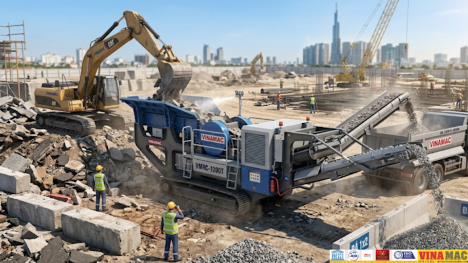 Trạm nghiền di động bánh xích Vinamac với thiết kế linh hoạt, vận hành trực tiếp tại hiện trường giúp đẩy nhanh tiến độ thi công