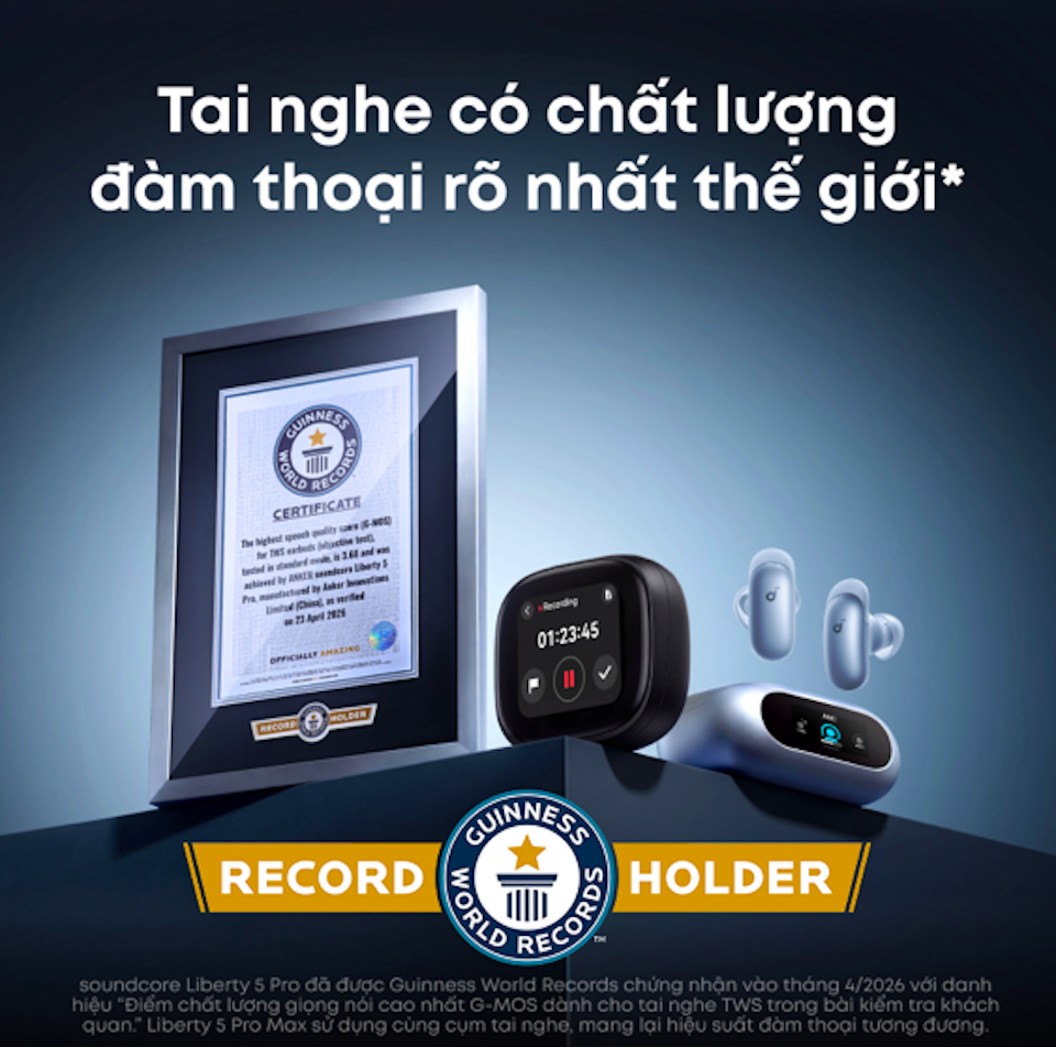 soundcore Liberty 5 Pro đã được chứng nhận là tai nghe có chất lượng đàm thoại rõ nhất thế giới bởi Guinness World Records.
