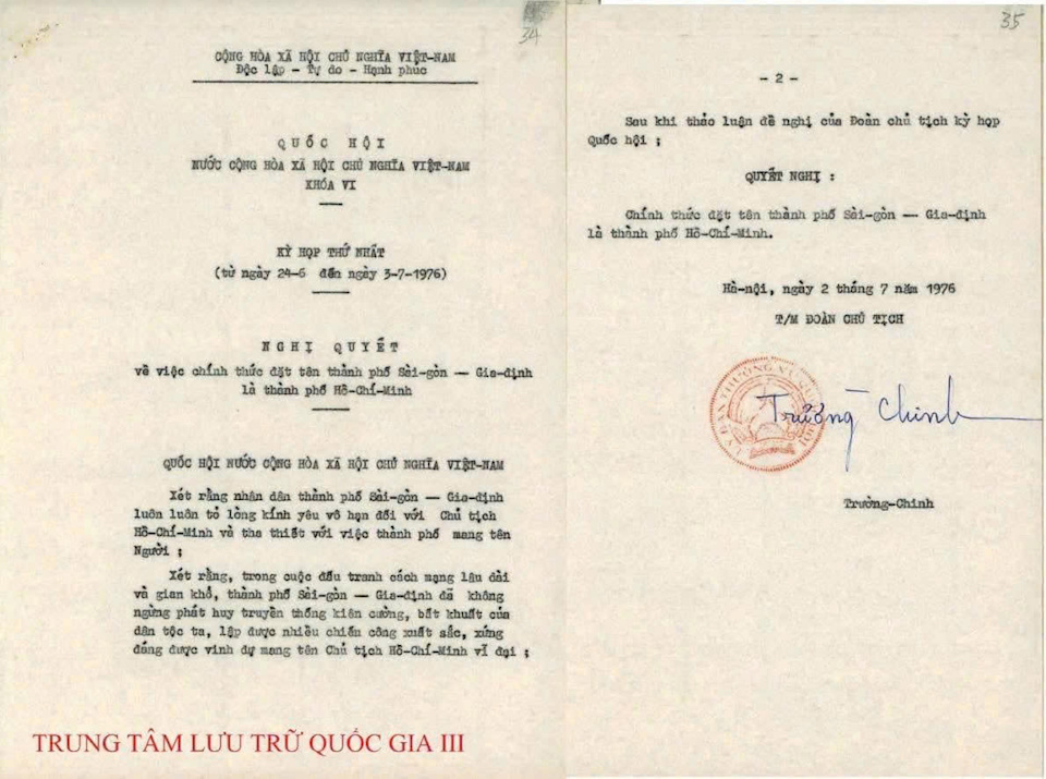 Nghị quyết của Quốc hội khóa VI, kỳ họp thứ nhất, ngày 2/7/1976 về việc chính thức đặt tên TP Sài Gòn - Gia Định thành TP Hồ Chí Minh. Ảnh tư liệu: Trung tâm Lưu trữ quốc gia III.