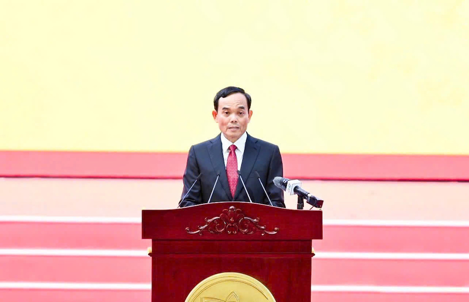 Ủy viên Bộ Chính trị, Bí thư Thành ủy TP Hồ Chí Minh Trần Lưu Quang phát biểu tại Lễ kỷ niệm 50 năm Ngày Thành phố Sài Gòn - Gia Định vinh dự mang tên Chủ tịch Hồ Chí Minh, sáng 2/7 tại Hội trường Thống Nhất.