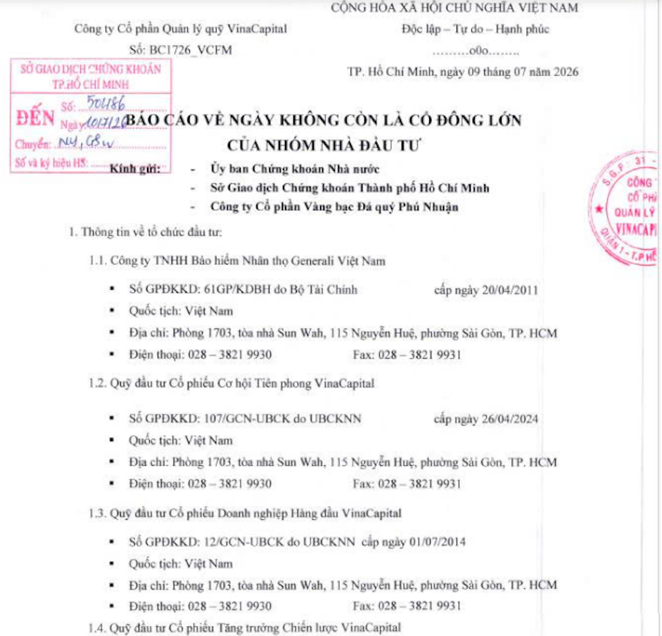Báo cáo của VinaCapital gửi Ủy ban Chứng khoán Nhà nước và HoSE về việc không còn là cổ đông lớn tại PNJ. Nguồn: VinaCapital
