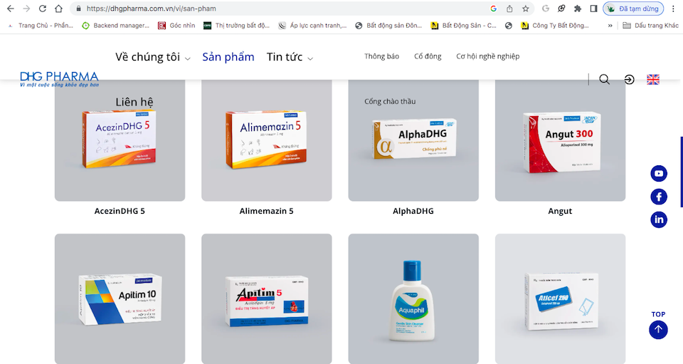 Website doanh nghiệp (https://dhgpharma.com.vn/) là nơi cung cấp thông tin chi tiết về hàng trăm mã sản phẩm chất lượng mang thương hiệu Dược Hậu Giang. Ảnh chụp màn hình