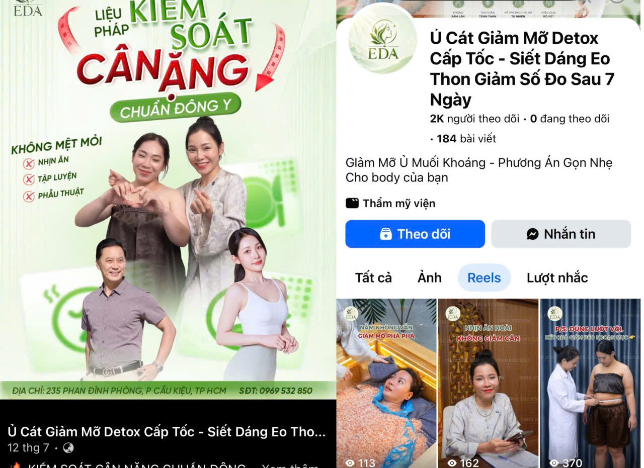 Hình ảnh quảng cáo dịch vụ của cơ sở EDA với cam kết đầy sức hút: không mệt mỏi, không nhịn ăn, không tập luyện, không phẫu thuật...để đánh vào tâm lý cả tin của những khách hàng muốn giảm cân một cách dễ dàng. Ảnh: MXH