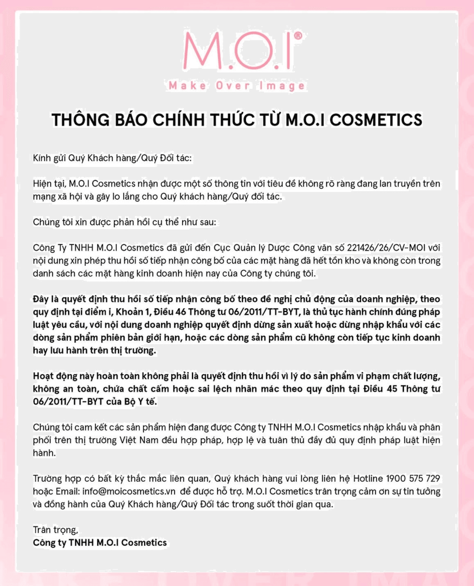 Hãng mỹ phẩm gắn với Hồ Ngọc Hà vừa phát đi thông báo giải thích về việc thu hồi 40 số tiếp nhận công bố mỹ phẩm. Nguồn: M.O.I Cosmetics