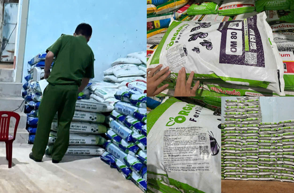 Tang vật phân bón giả mác Bỉ bị Công an tỉnh Đắk Lắk phát hiện và niêm phong tại hiện trường. Ảnh: CACC