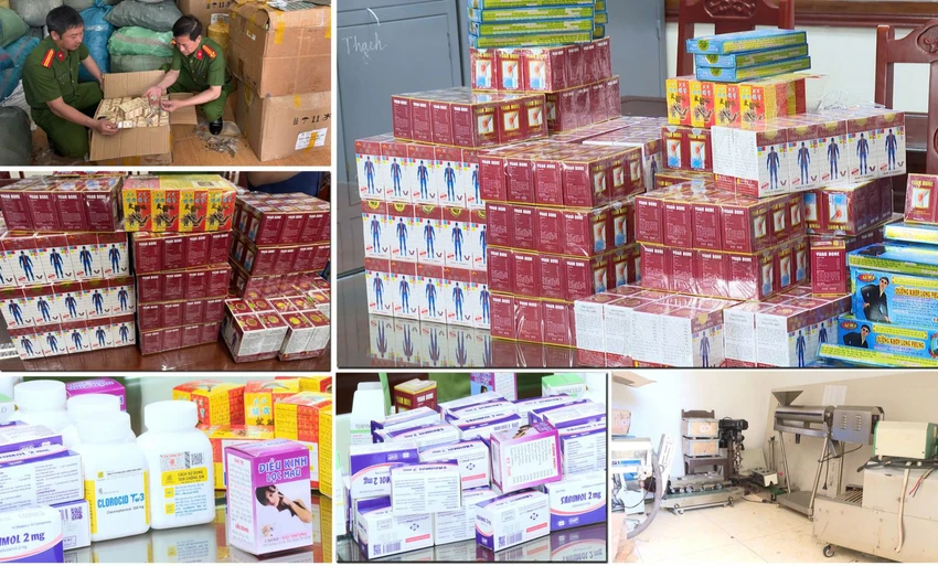 Một số loại thuốc tân dược giả và dụng cụ dùng để sản xuất thuốc giả bị thu giữ. (Ảnh: PLO)