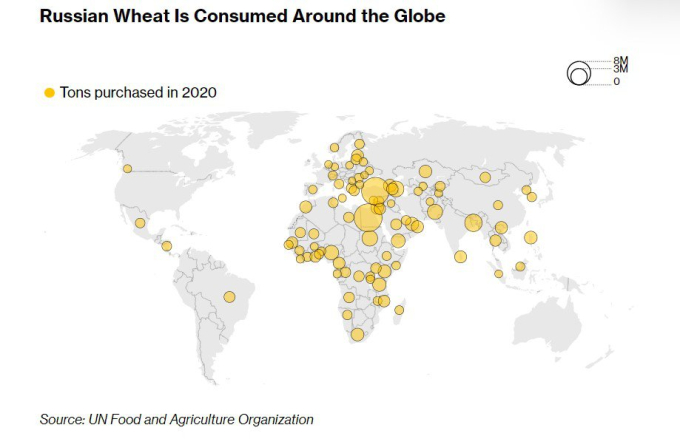 Những khu vực xuất khẩu lúa mì chủ chốt của Nga (vòng tròn vàng). Ảnh: Bloomberg.