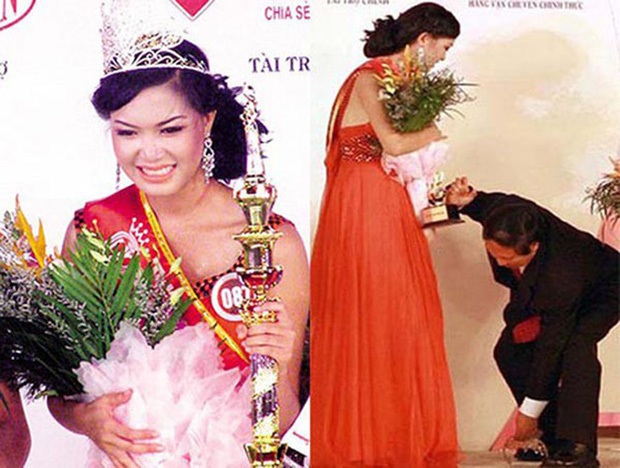 Khoảnh khắc Hoa hậu Thuỳ Dung bị rơi vương miện khi vừa đăng quang. Ảnh: HHVN 2008 