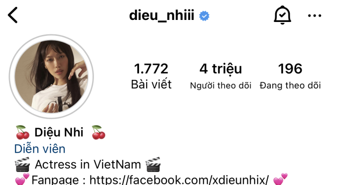 Trên Instagram của Diệu Nhi cũng có ký hiệu trái cherry. Ảnh: IGNV