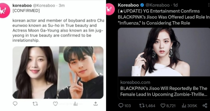 Tài khoản Koreaboo xuất hiện trong video là sản phẩm photoshop, khác xa với định dạng của tài khoản thật (bên phải)