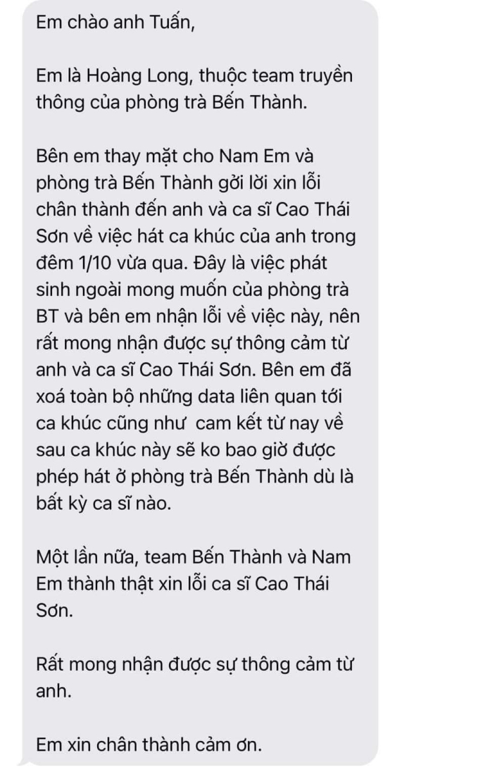 Tin nhắn xin lỗi từ phía phòng trà được Cao Thái Sơn đăng tải.