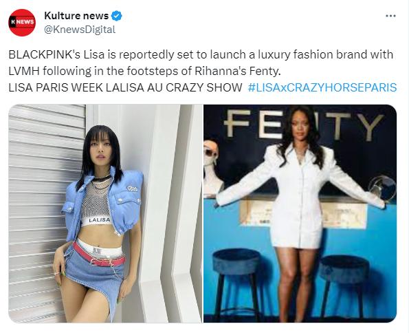Theo một tài khoản có 24 ngàn người theo dõi trên Twitter, Lisa hợp tác với tập đoàn của gia đình bạn trai tin đồn. Dòng tweet có nội dung: “Lisa chuẩn bị ra mắt thương hiệu thời trang xa xỉ hợp tác với tập đoàn LVMH. Nữ ca sĩ sẽ tiếp bước Rihanna - người ghi dấu ấn với thương hiệu Fenty”