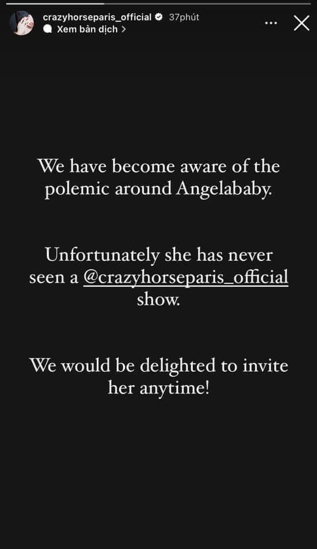 Trước đó, tài khoản của hộp đêm thoát y Crazy Horse bất ngờ lên tiếng phủ nhận việc Angela Baby đến xem Lisa biểu diễn