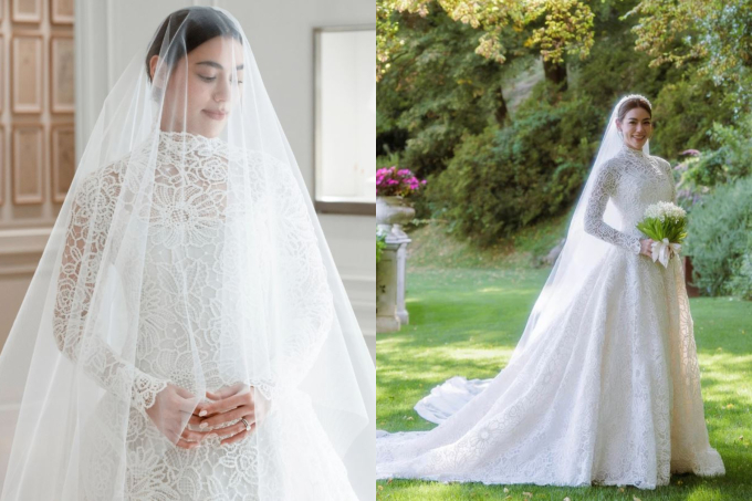   Kimmy Kimberley đẹp dịu dàng trong chiếc váy cưới sang trọng mang phong cách cổ điển được làm từ lụa bóng, vải ren và vải voan xuyên thấu  
