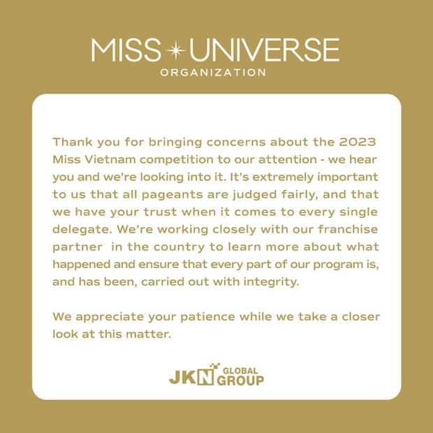 Tổ chức Miss Universe cho biết đang làm việc với đơn vị nắm bản quyền tại Việt Nam để làm rõ những phản ánh của fan sắc đẹp