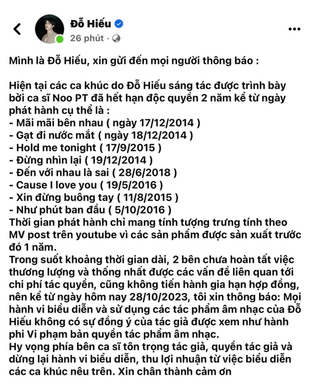  Câu chuyện Noo Phước Thịnh bị nhạc sĩ Đỗ Hiếu cấm hát 8 ca khúc thu hút sự chú ý của netizen