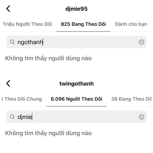 Cả hai đã không còn follow nhau trên MXH