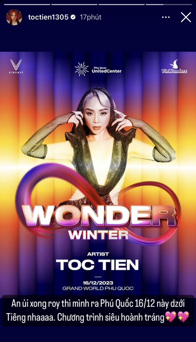 Tóc Tiên thông báo sẽ xuất hiện trong 8Wonder Winter Festival tại Phú Quốc 