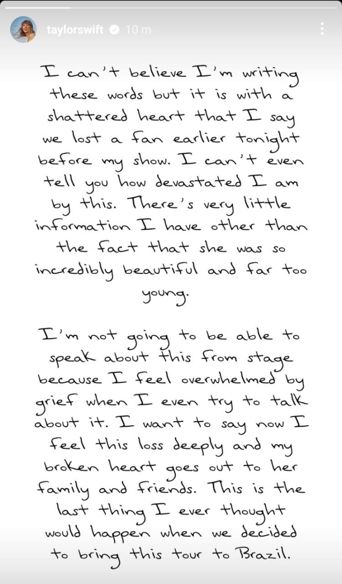 Tâm thư chia buồn của Taylor Swift với nạn nhân qua đời.