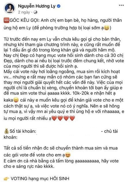   Bài đăng kêu gọi bình chọn bằng cách chuyển tiền vào số tài khoản cá nhân hiện đã được Hương Ly “copy - paste” từ Quỳnh Nga   