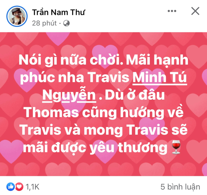 Diễn viên Lê Nhân, Nam Thư cũng có bài đăng chúc mừng Minh Tú đã thực hiện được lời hứa
