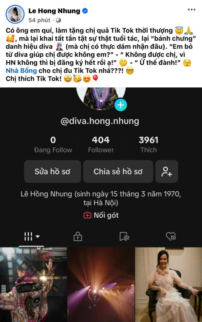 Toàn văn chia sẻ của Hồng Nhung về danh xưng diva trong tài khoản TikTok mới.