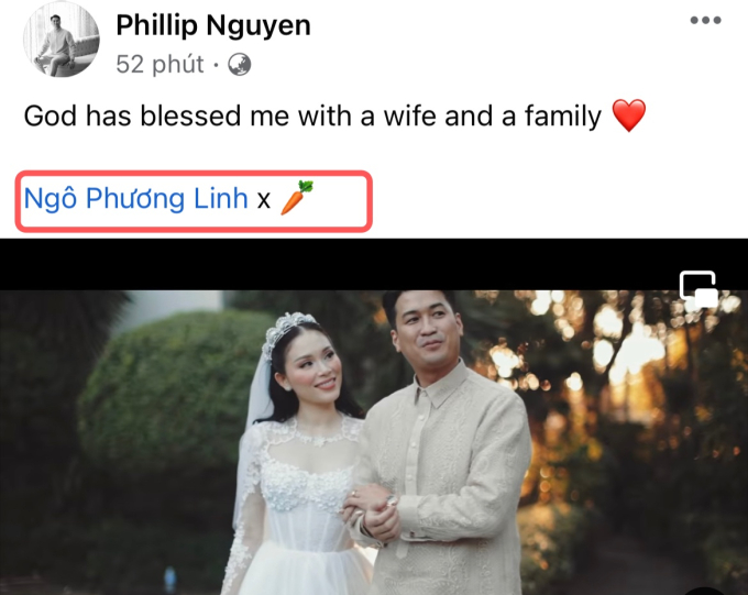 Lần này, bài đăng của Phillip Nguyễn xuất hiện thêm 1 biểu tượng củ cà rốt cạnh tên của Linh Rin 